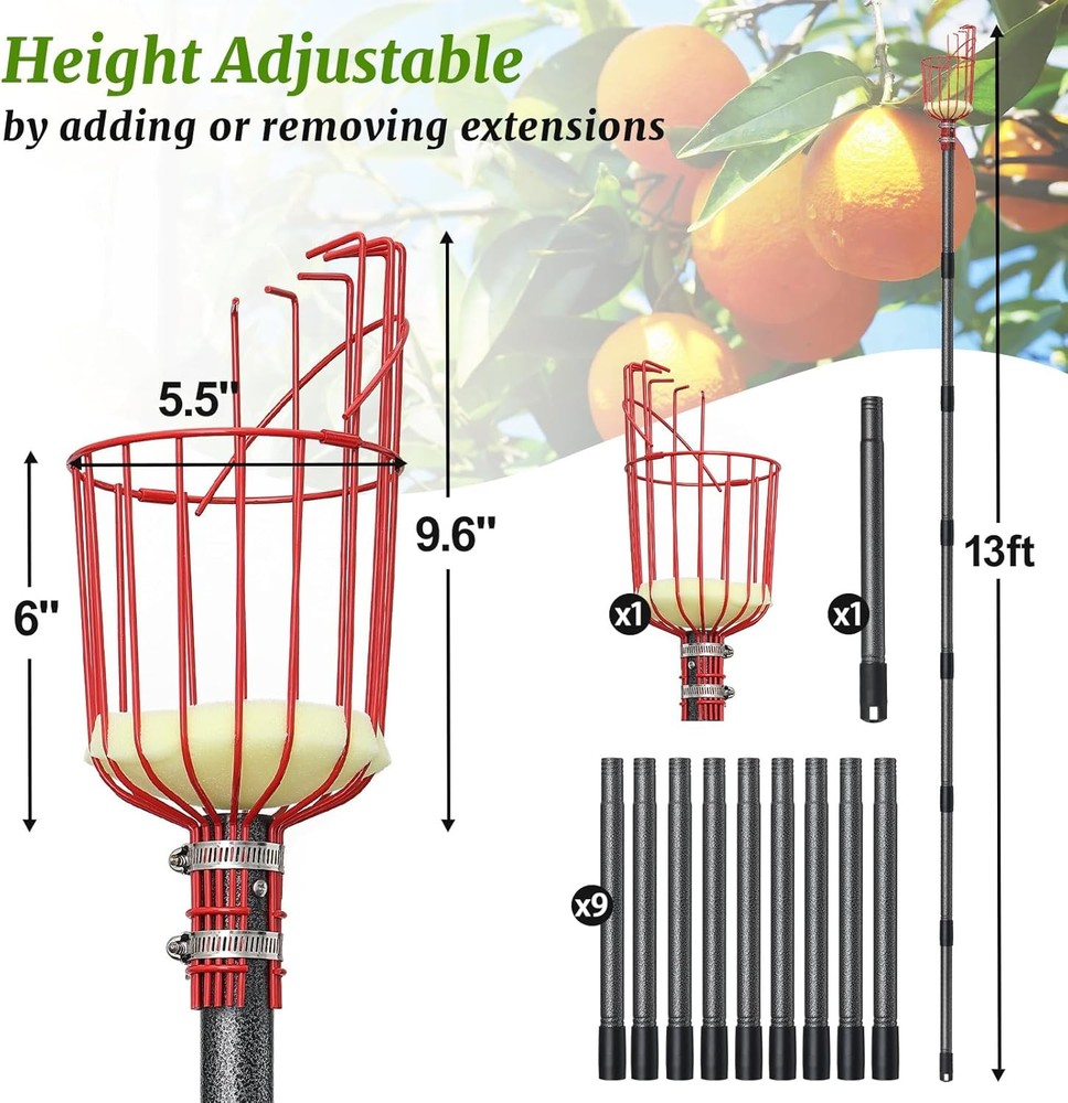Fruit Picker, Picker Pole with Basket Extendable Long Handle, 13FT, Red