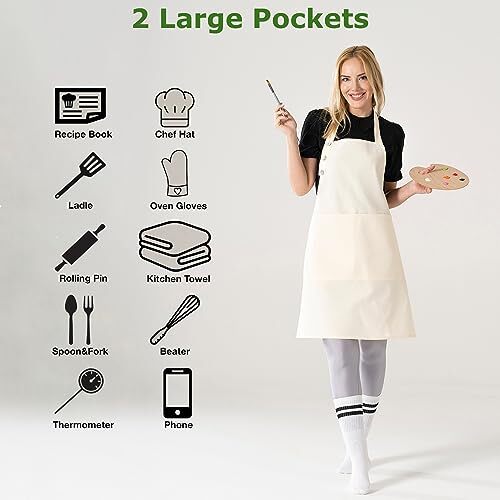 Kitchen Apron Waterdrop Resistant Cotton Apron with adjustable Aprons Cream