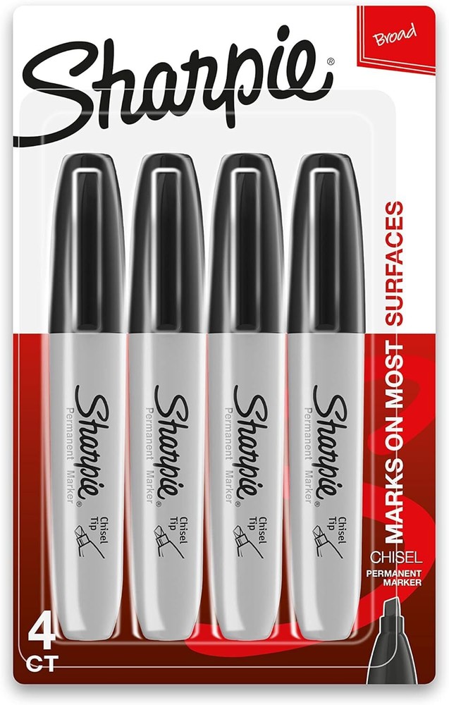 Sharpie Permanent Markers, Chisel Tip, Black, 4 Count