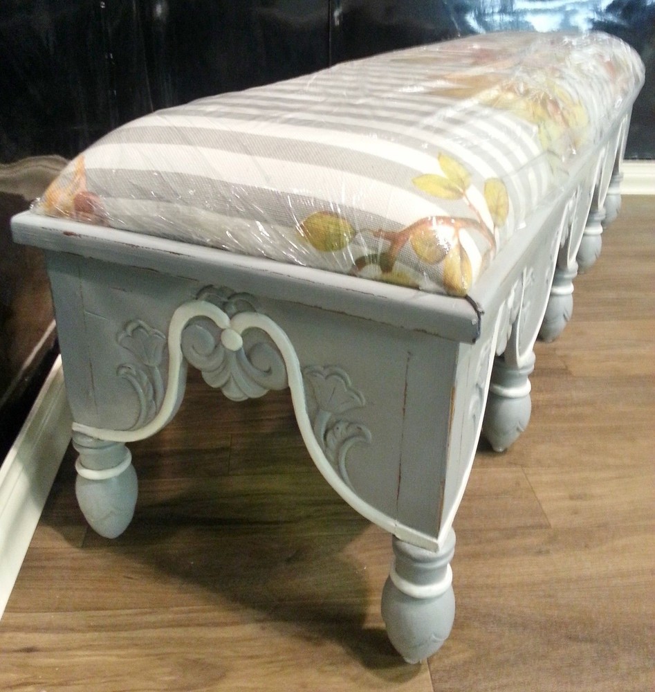 Steven Shell Upholstered Venetian Bench Grey Mist Distressed
