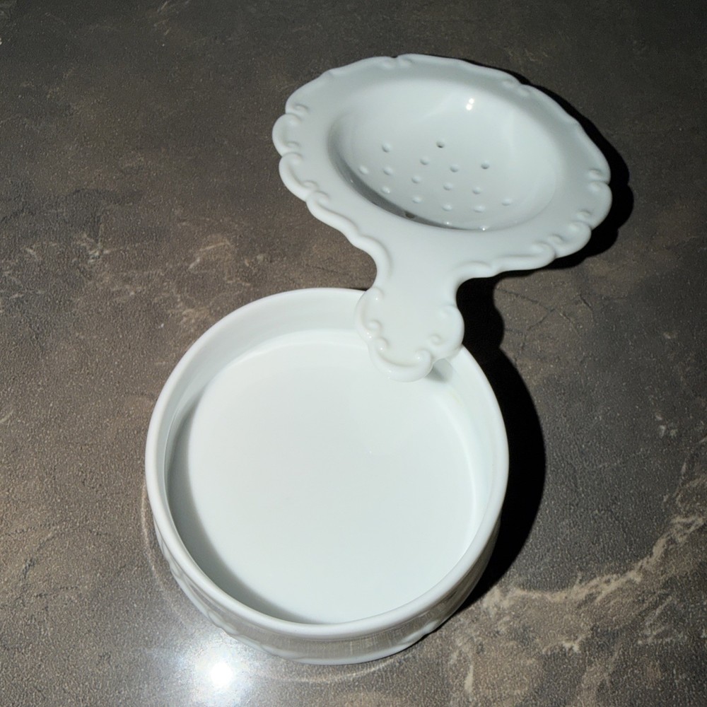 VINTAGE- White Ceramic Tea Strainer With Receptacle