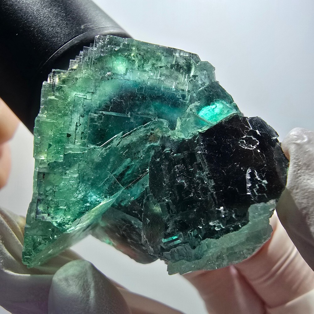 Clear phantom fluorite cube specimen, tessellated green-brown, Okorusu, Namibia