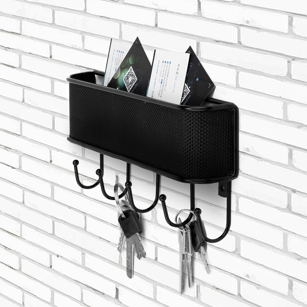 Wall-Mounted Key Holder & Mail Organizer with 5 Hooks - Entryway Storage & Decor
