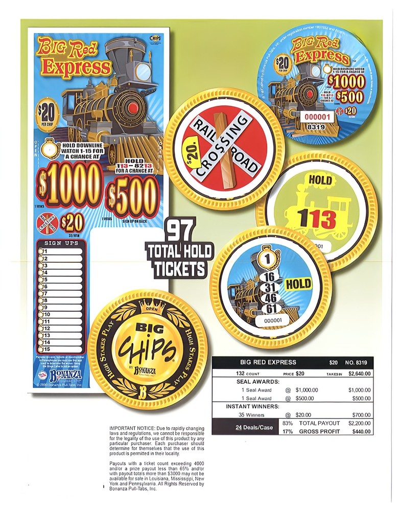 Pull Tab Ticket - Chip - Game - Pick Board - Big Red Express - 132 ct