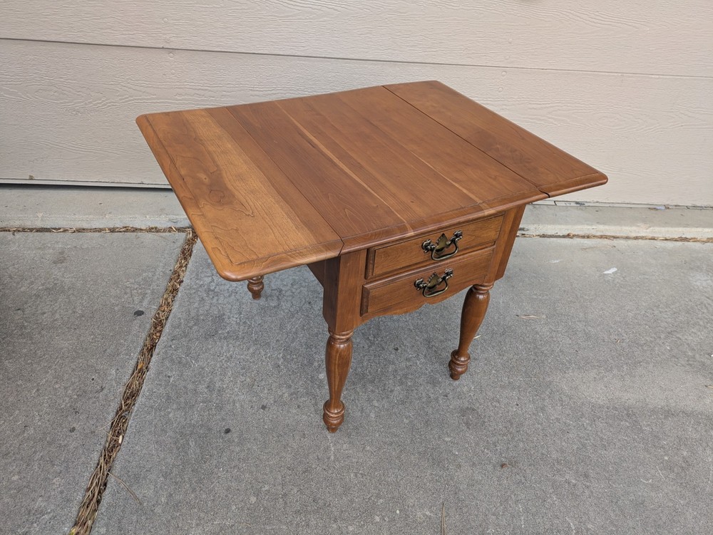 Vintage Rustic Country Colonial Solid Cherry Wood Drop Leaf 2-Drawer End Table A