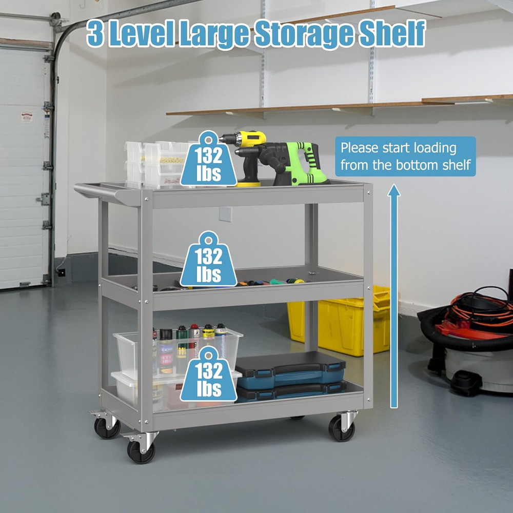 3-Layer Service Utility Cart, Heavy Duty Unity Cart with Flat Handle, 2 Lockable