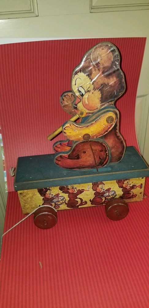 VINTAGE BEAR PLAYING FLUTE MECHANICAL PULL TOY WOOD LITHOGRAPH