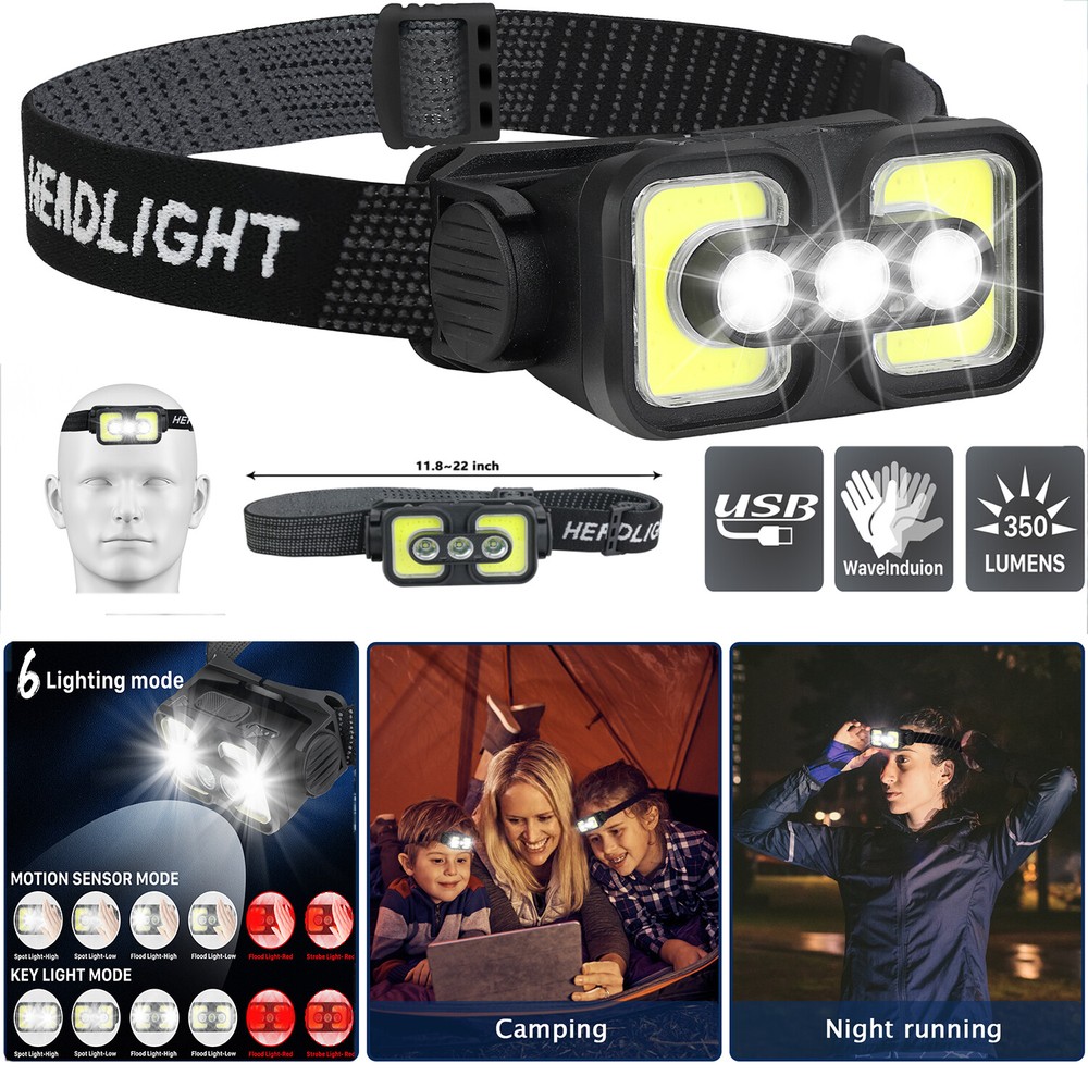 COB LED Headlamp USB Rechargeable Headlight Bar Head Band Torch Work Light