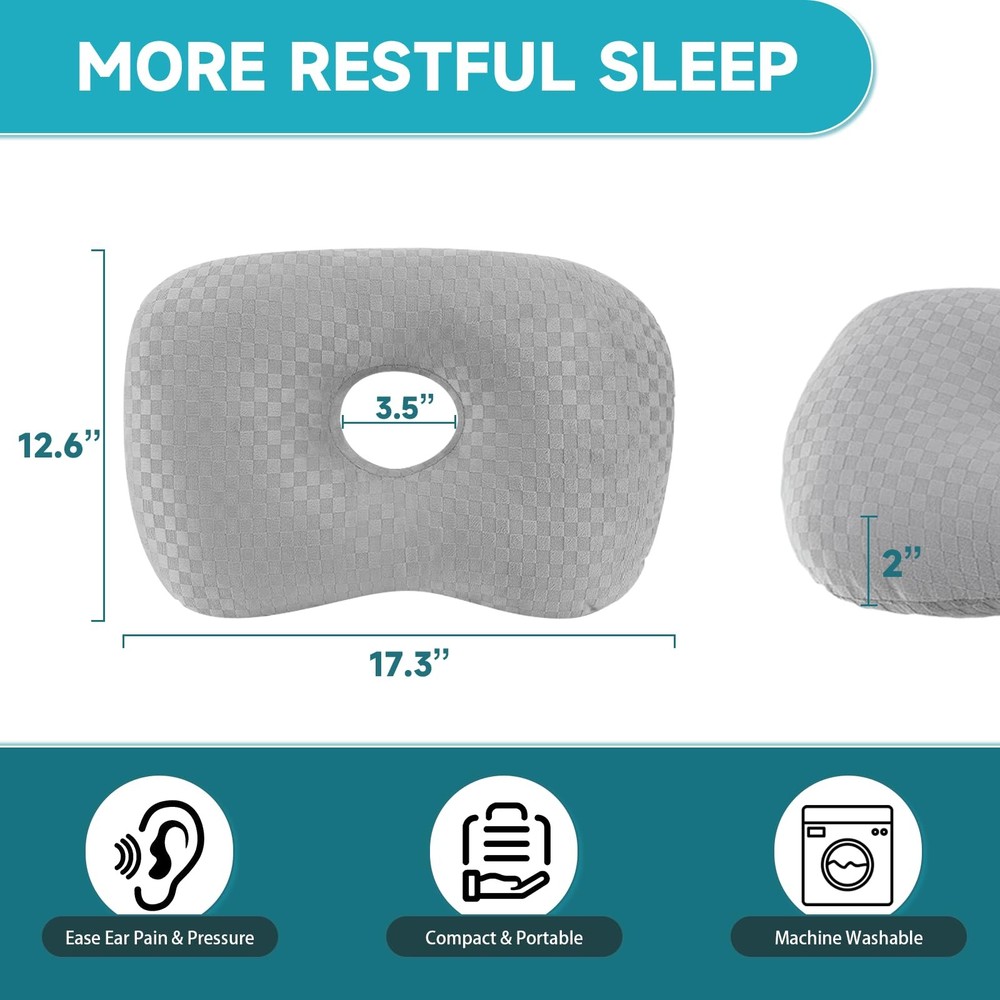 Ear Piercing Pillow with an Hole, Cotton and Polyester Side Light Grey