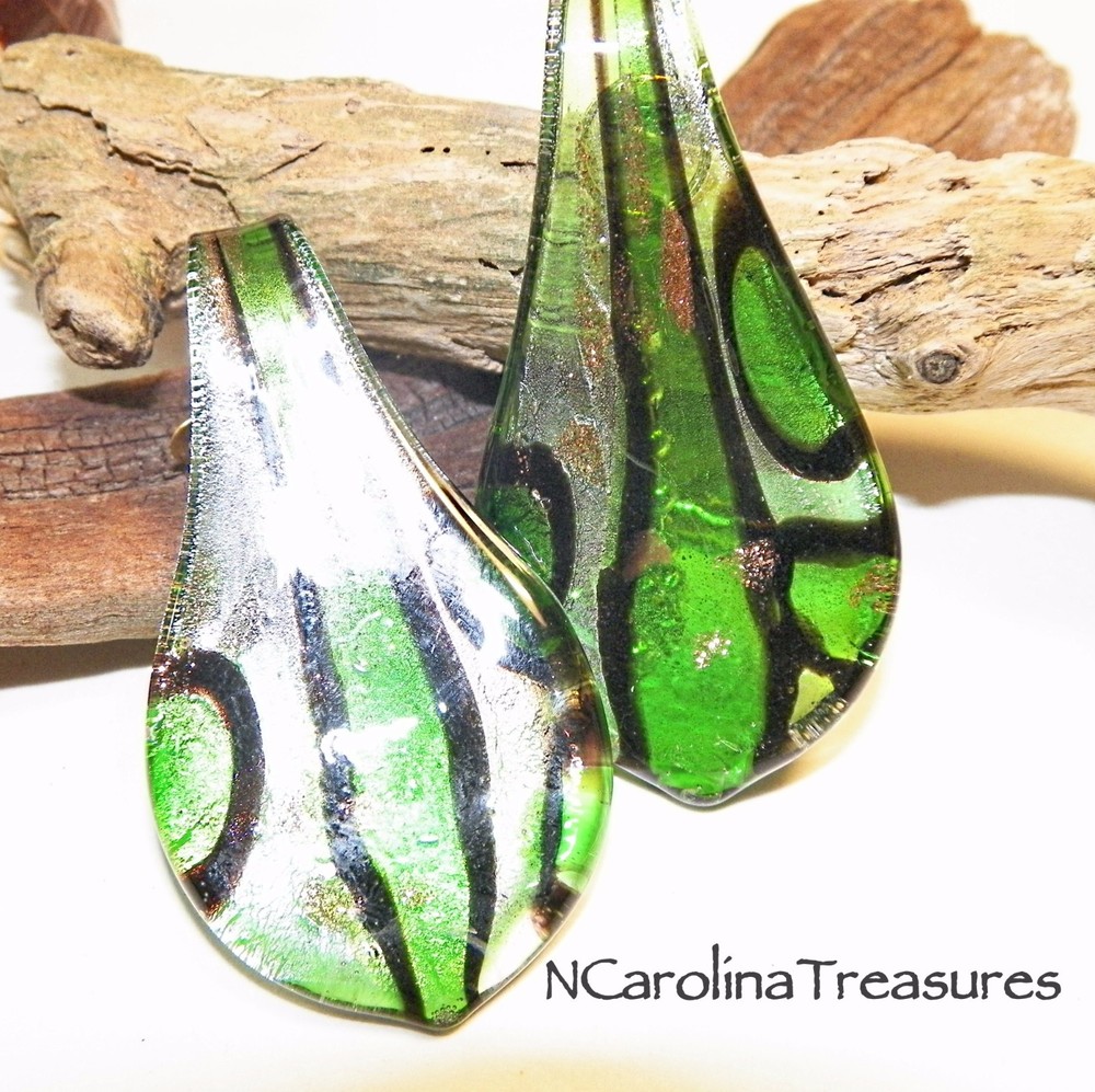 GREEN SILVER LEAF LEAVES TEARDROP MURANO ART GLASS CEILING FAN PULL PAIR LARGE