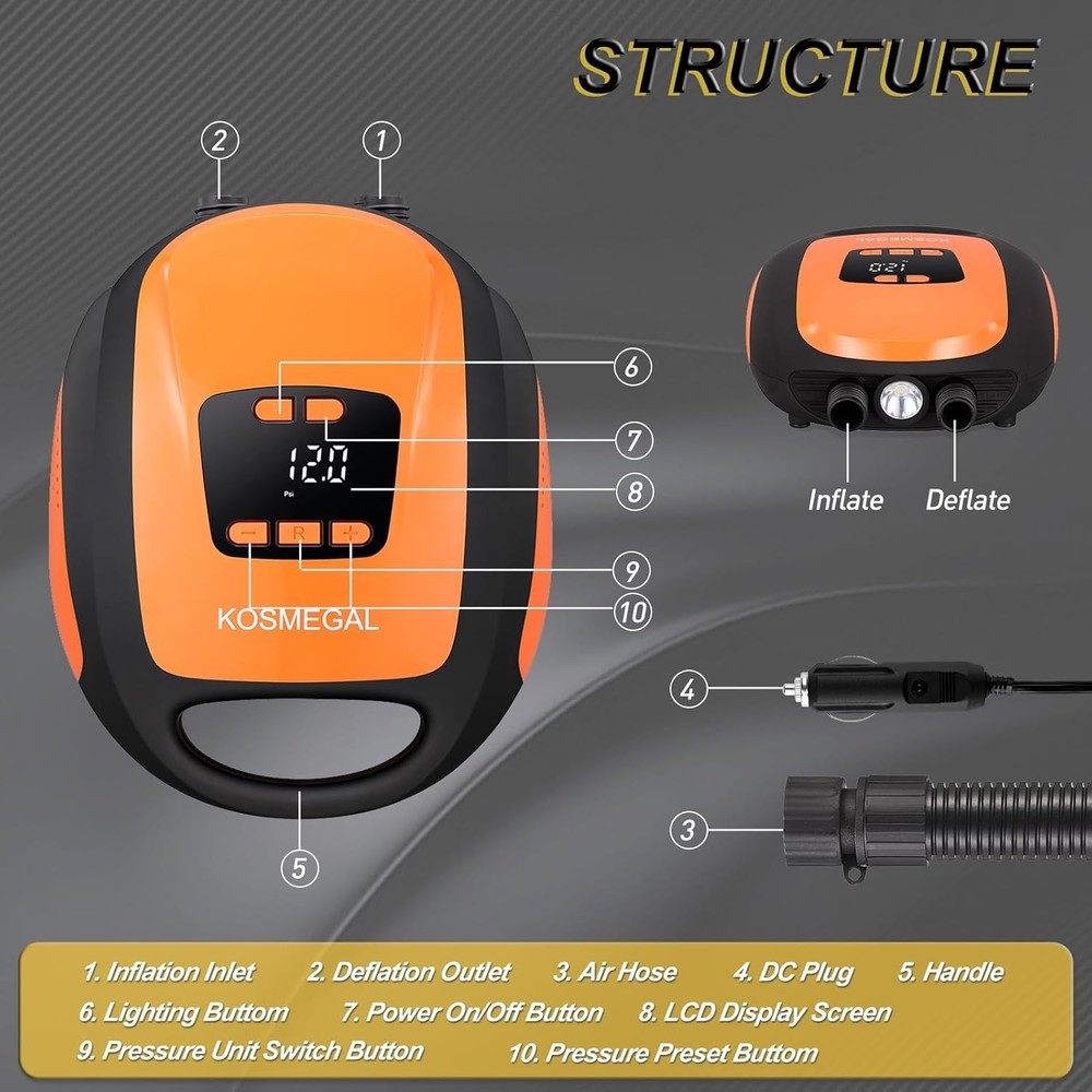 Effortless 20PSI Air Compressor for Paddle Boards - Auto-Off & Deflate Function
