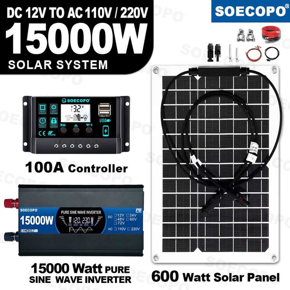 15000W Peak Solar System Kit Flexible Panel 100A Controller 12V To 110V 220V