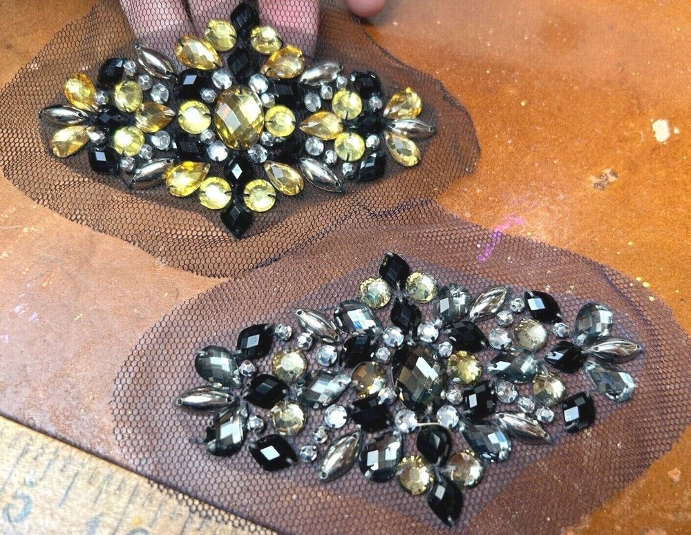 applique diamond 2.5x4.5" netting hand sewn beads 1 pc
