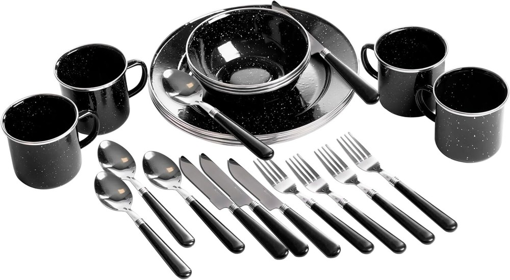 Portable 24-Piece Camping Tableware Set - Includes Plates, Mugs & Utensils
