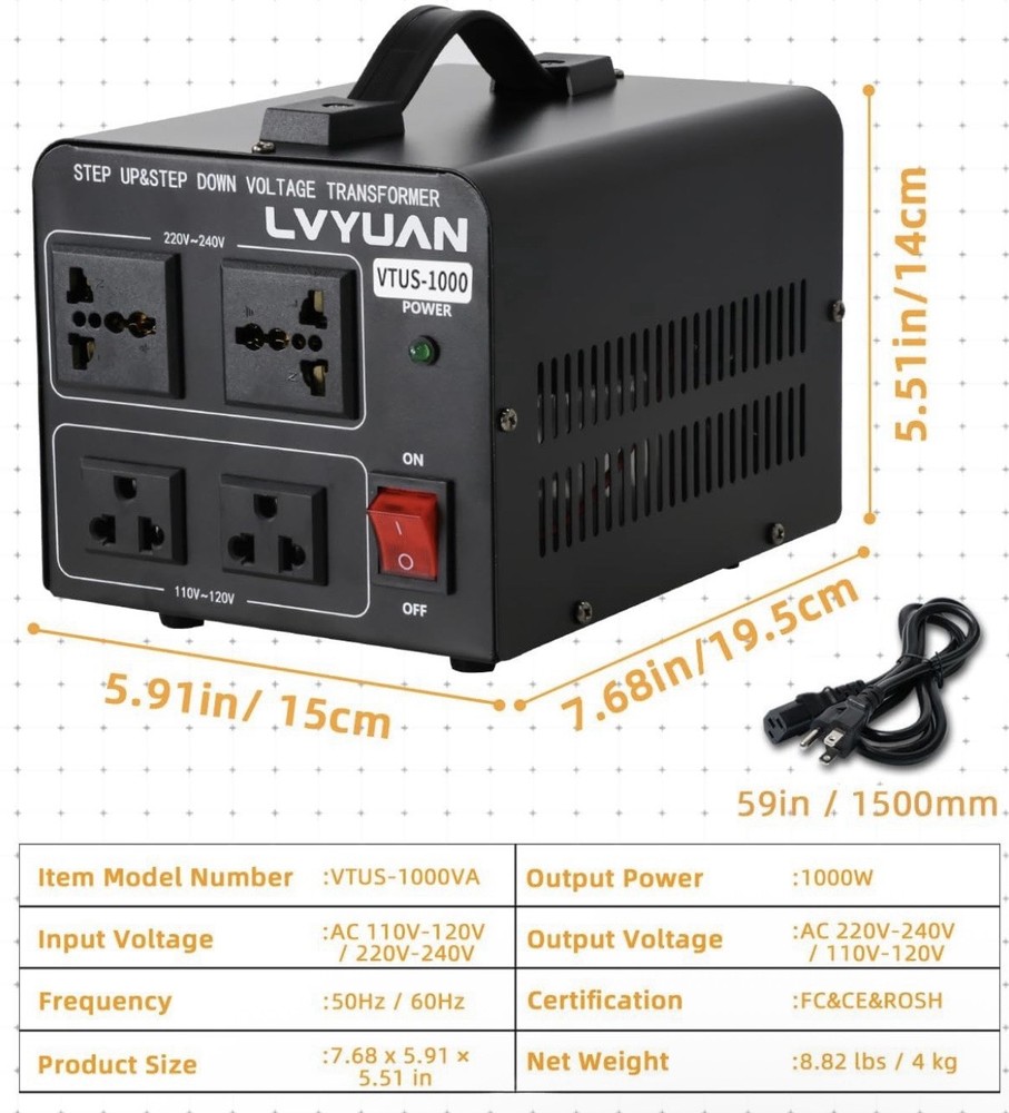 Voltage Transformer Converter 1000 Watt Step Up/Down Convert from 110-120 Volt