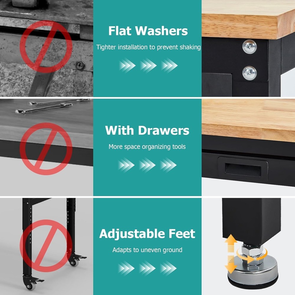 60" Workbench Adjustable Height Work Table w/ Drawers & Pegboard & Power Outlets