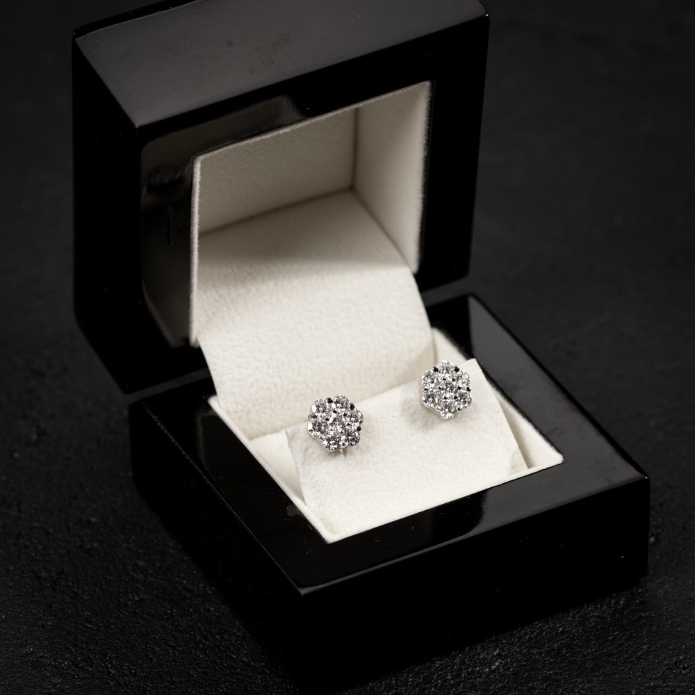 Moissanite Flower Cluster Pointer White Gold 925 Sterling Silver Stud Earrings