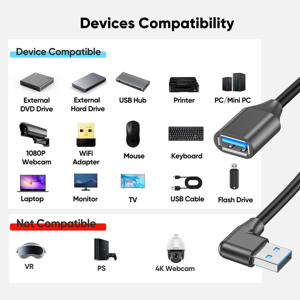 JasRoum Short USB Extension Cable Right Angle & Left 5Gbps Data A 8 inch