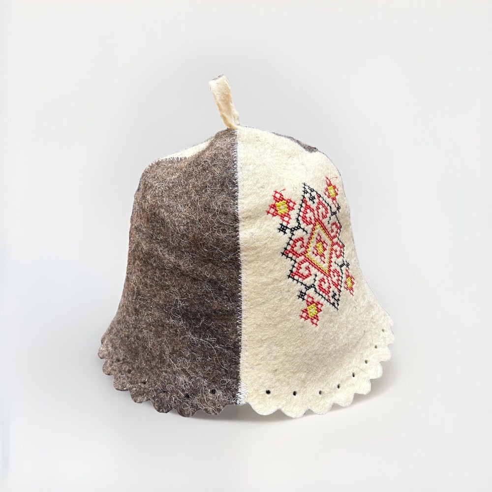 Wool Sauna Hat Bell with Red Embroidered Pattern - Natural Felt Bath Hat