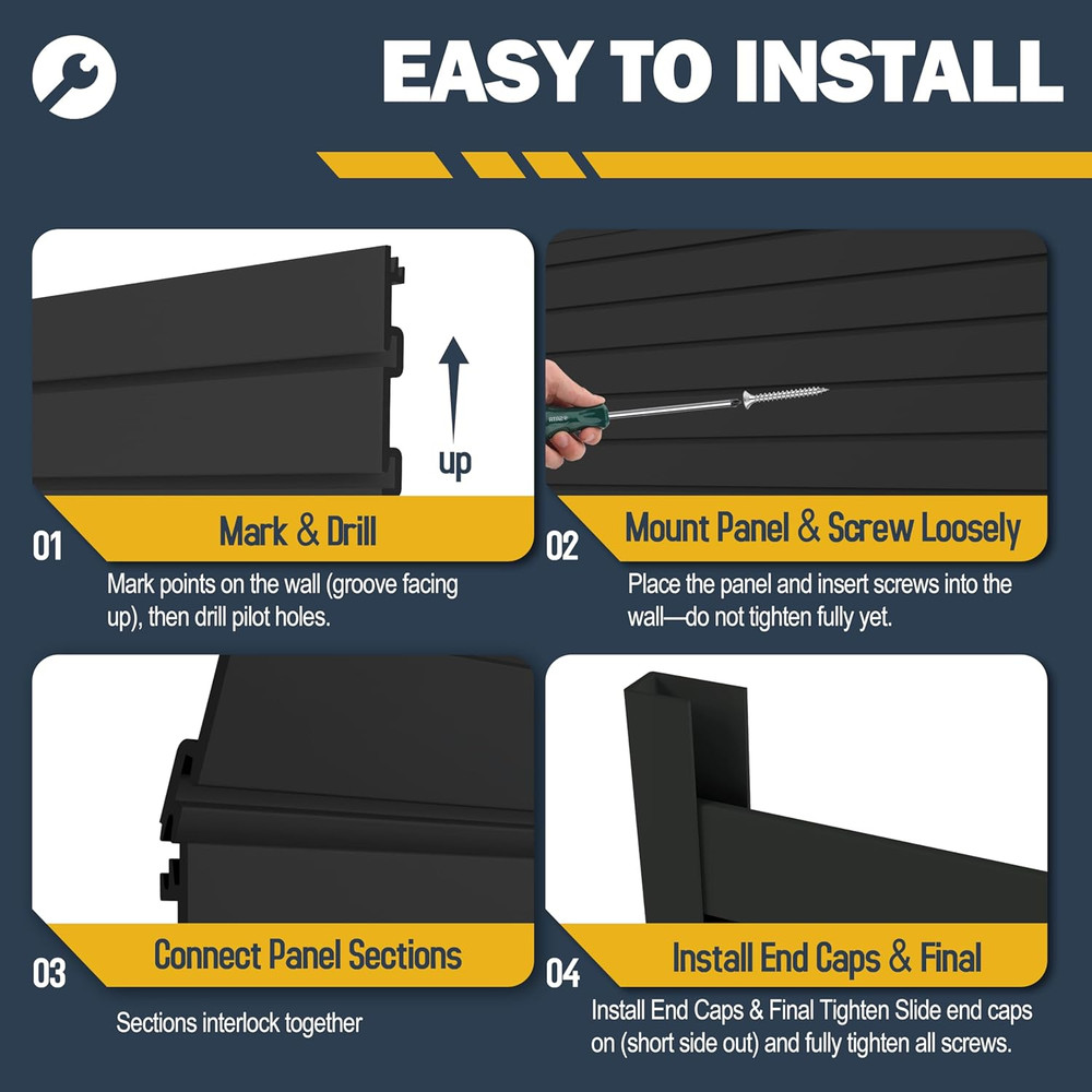 Black PVC Slat Wall Panel 4x8ft - Garage Tool Organizer & Storage System