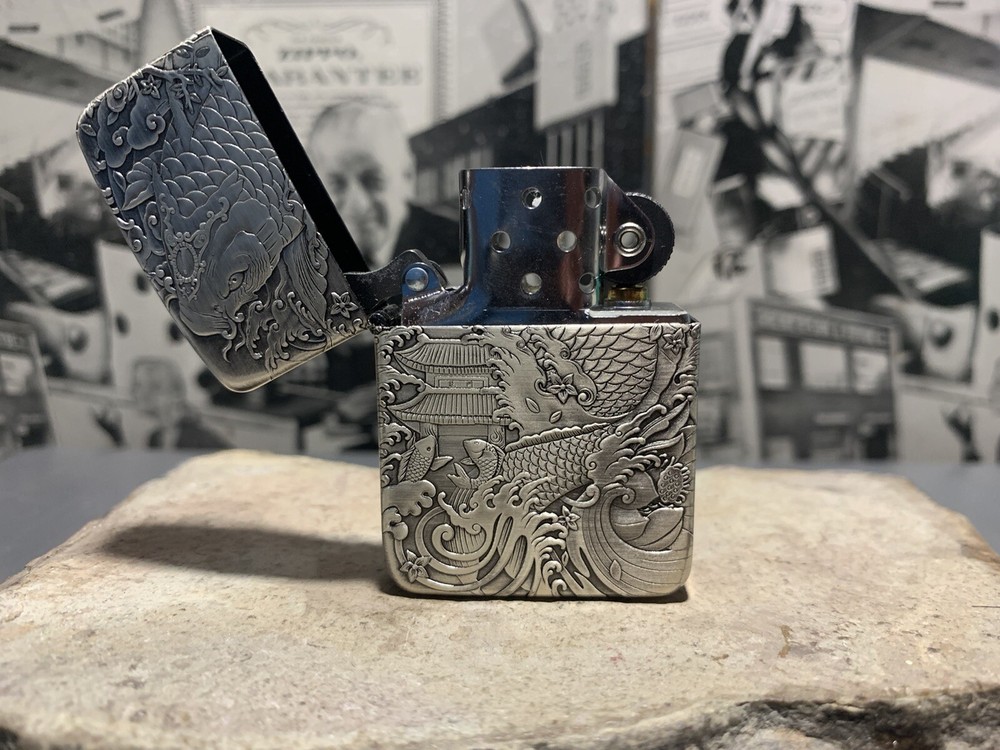 Zippo Lighter 2-side silver fish And Dragon Lighter
