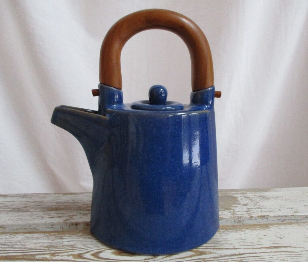 Ceramic Stoneware Teak Wood Handle Teapot Blue Speckled
