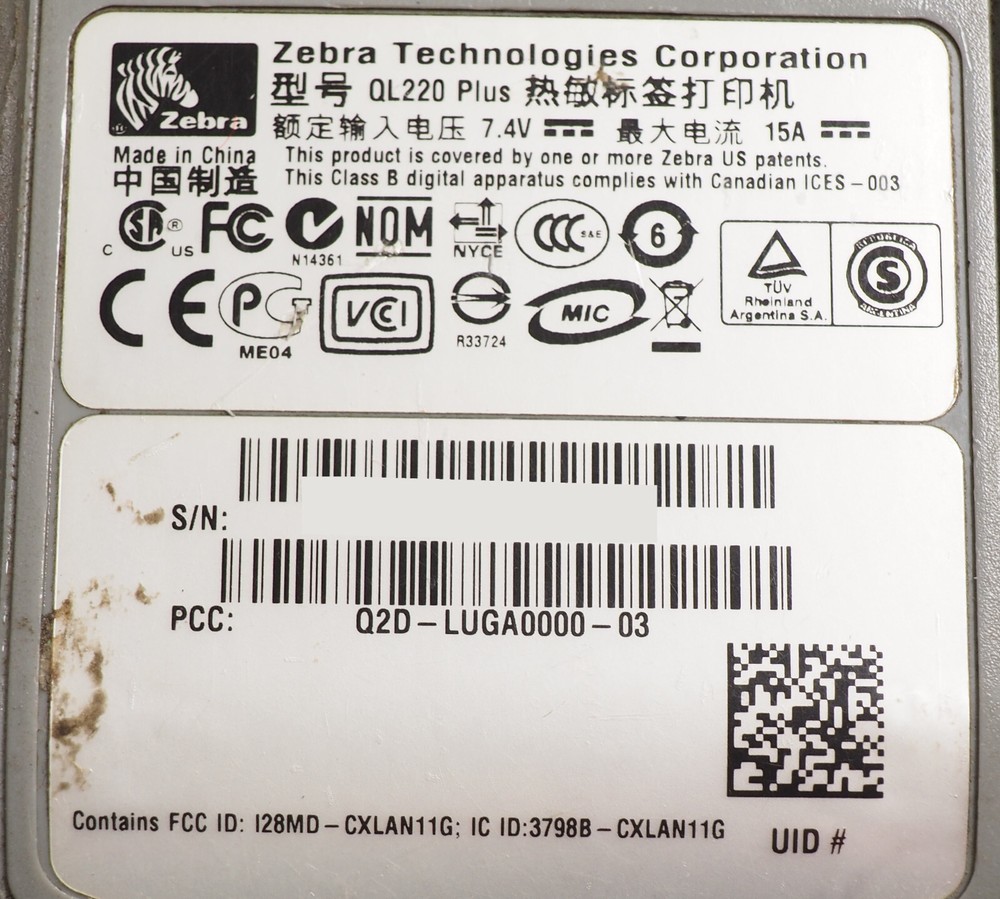 ZEBRA QL220 PLUS MOBILE THERMAL TICKET PRINTER Q2D-LUGA0000-03