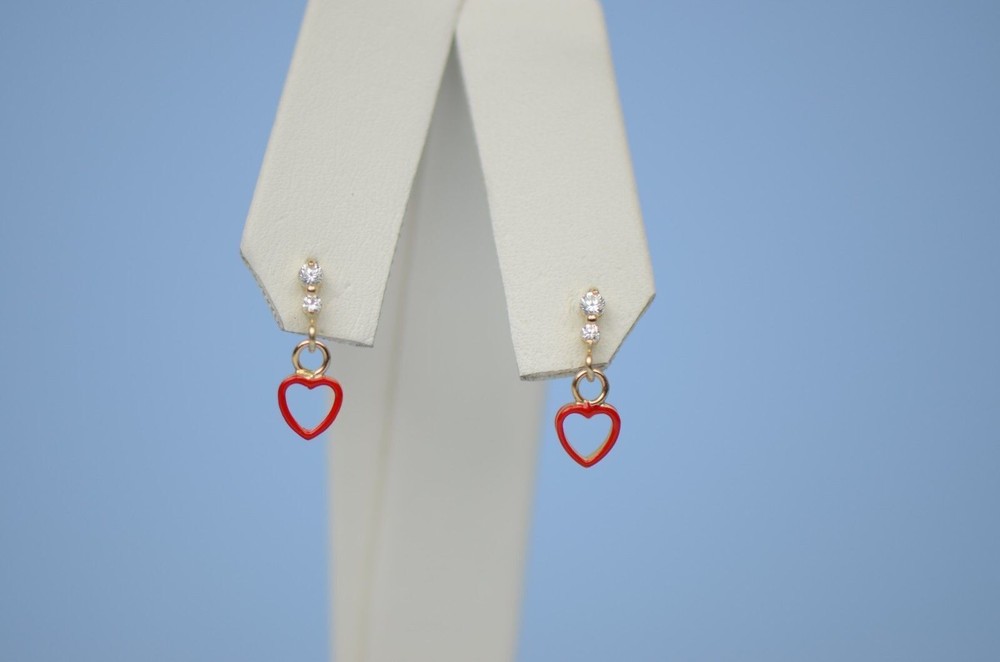 14K Solid Yellow Gold Heart Shape Dangle Earring with Enamel