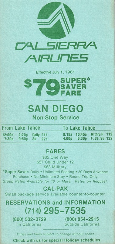 Cal Sierra Airlines timetable 1981/07/01