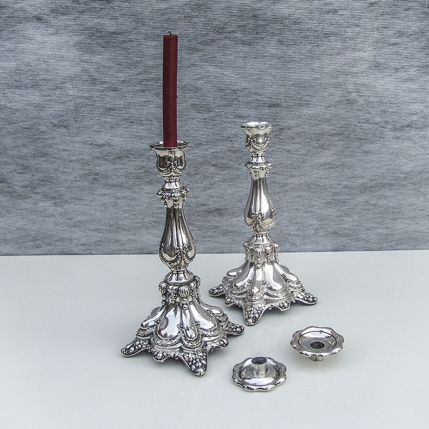 Repousse Fruit Wreath Large Candlesticks Pair 800 Standard Silver