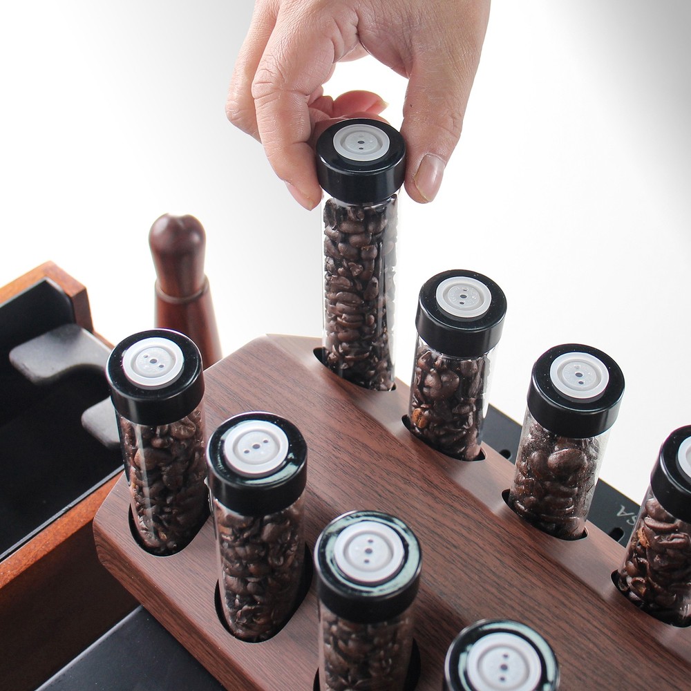12 Single Dose Coffee Bean Storage Tubes Containers Exhaust Valves Display Base