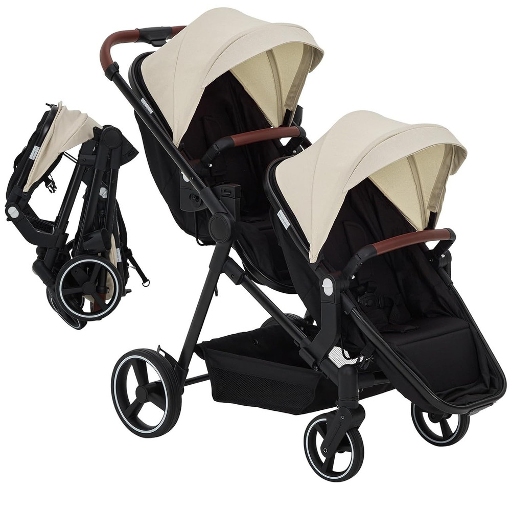 5-Point Harness Double Stroller, Foldable Twin Pushchair Adj Backrest & Basket