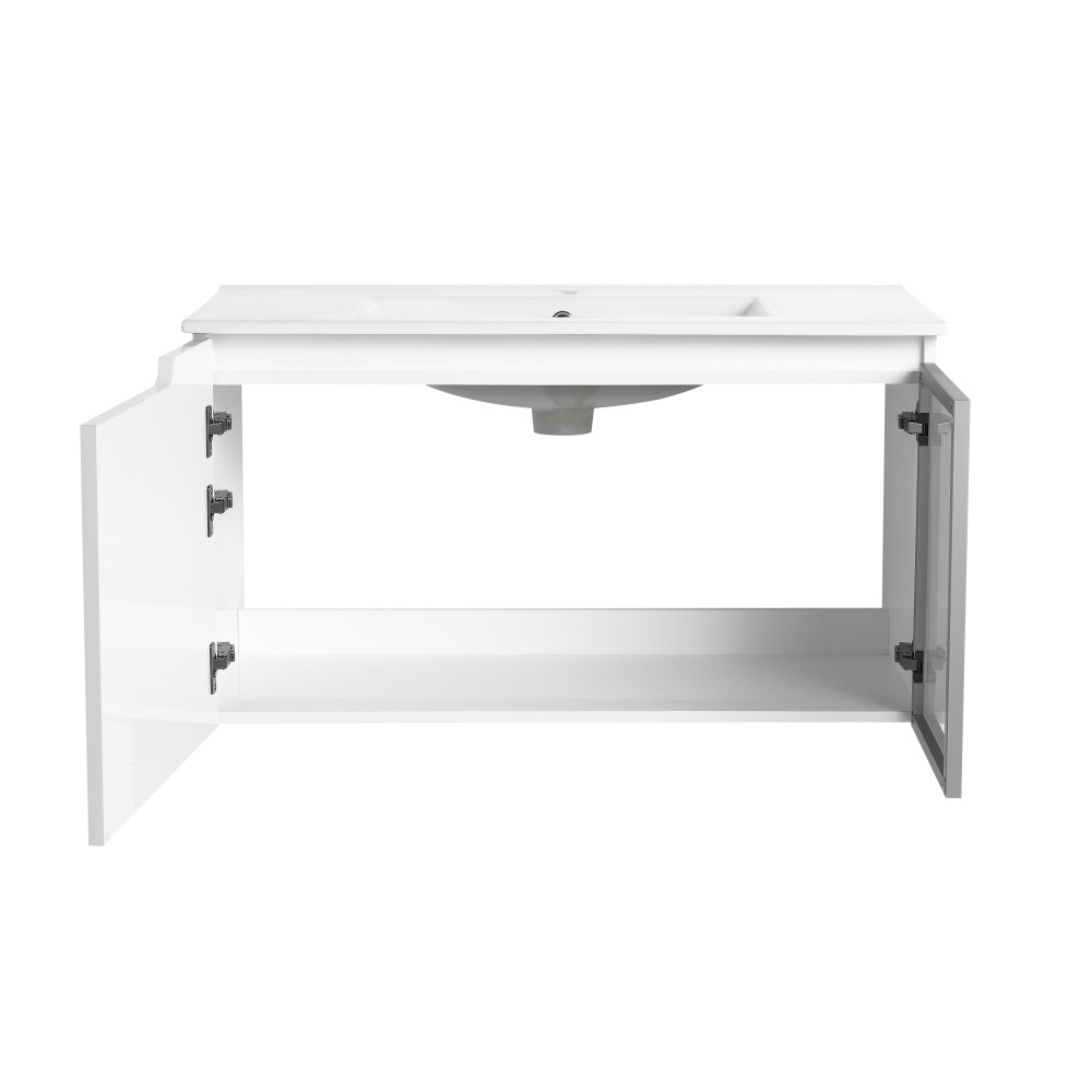 Modern Floating Bathroom Vanity w/ Ceramic Sink & Soft-Close Doors, Glossy White
