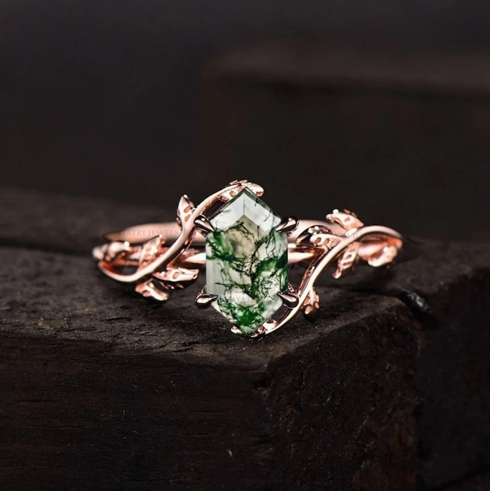 Natural Moss Agate Ring, 925 Sterling Silver, Leaf Twig Ring- All Size