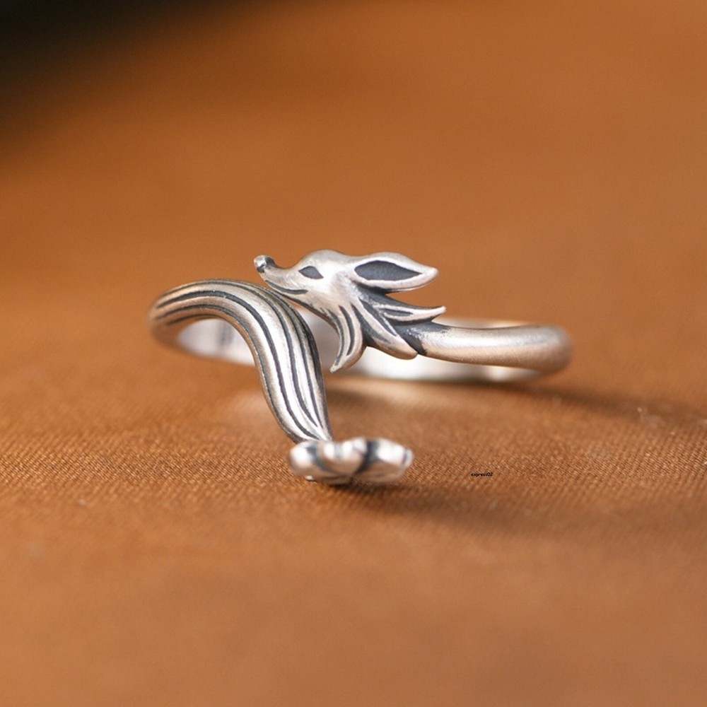 Solid 925 Sterling Silver Band Women Lucky Flower Fox Open Ring