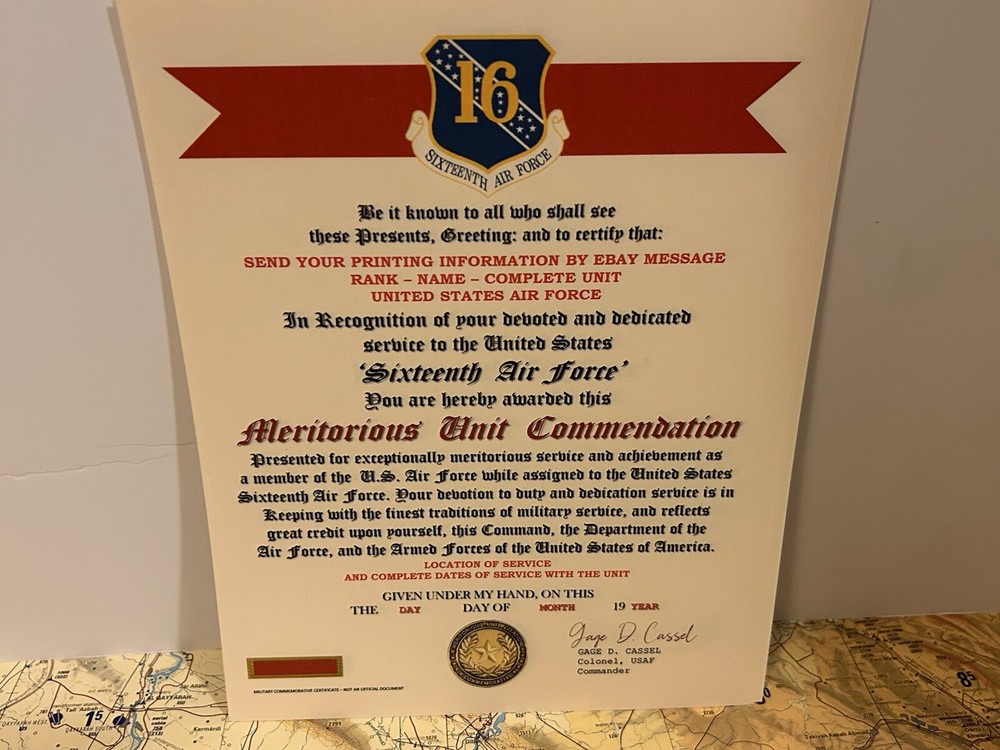 U.S. AIR FORCE / 16TH AIR FORCE - MERITORIOUS UNIT COMMENDATION CERTIFICATE