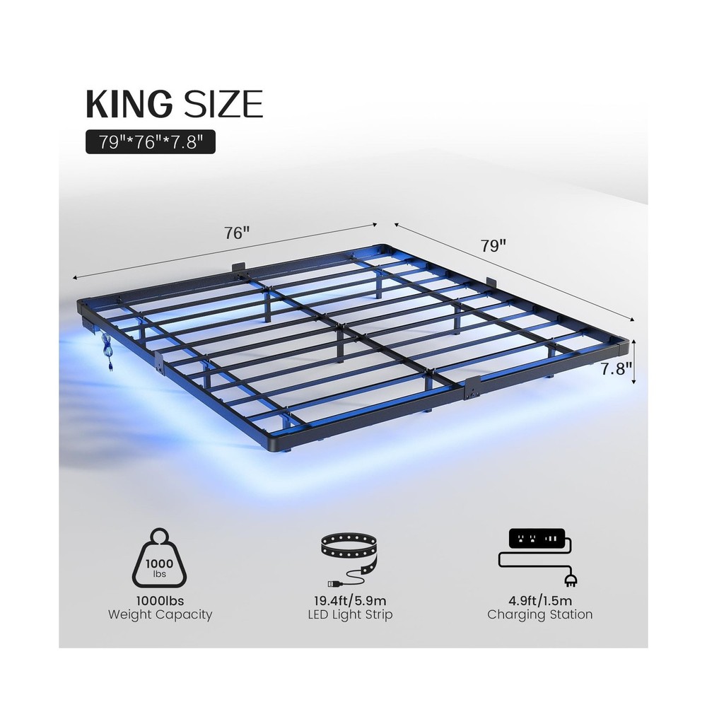 OLEVS King Size Floating Bed Frame, Metal Platform, with LED Light and Chargi...