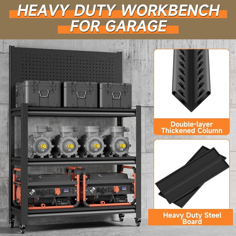 Workbench Pegboard, Adjustable Heavy Work Table Wheels,48" x 18" x 34",Black