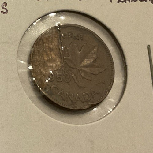 1953 NSS Canada 1c Cent - Error - Reverse partial SPLIT OFF PLANCHET