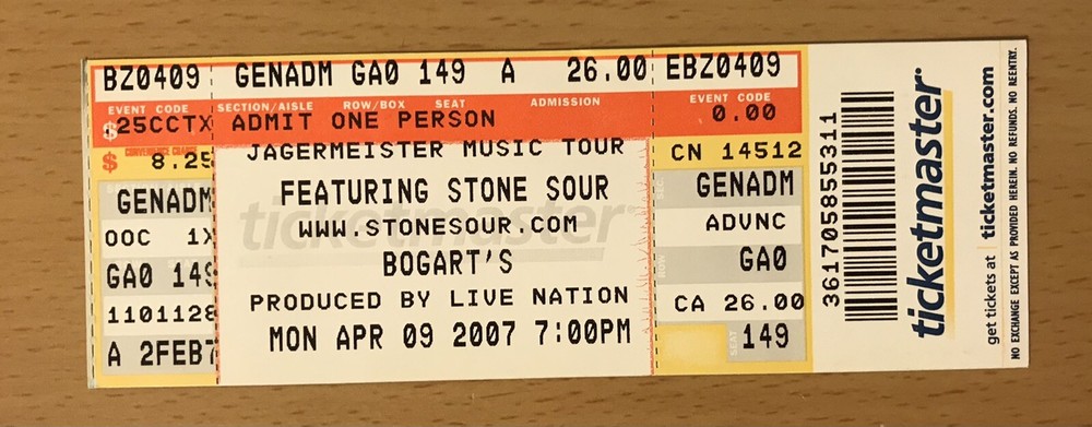 2007 STONE SOUR / SHADOWS FALL BOGART'S CINCINNATI CONCERT TICKET STUB