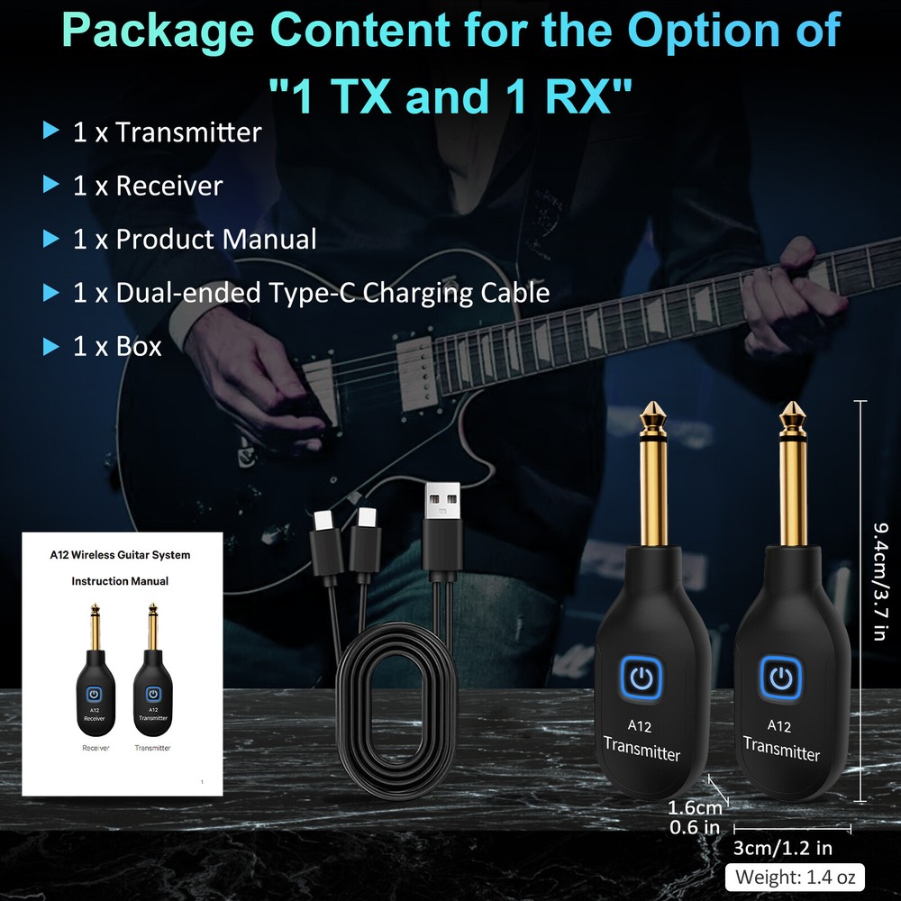 Wireless Guitar System Dual Transmitter & Receiver Built In Rechargeable Battery