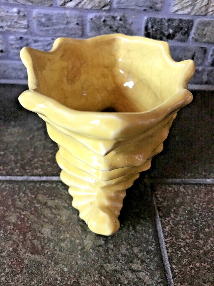 Vintage Cornucopia Planter Yellow Crackled Glaze Thanksgiving Fall Ceramic