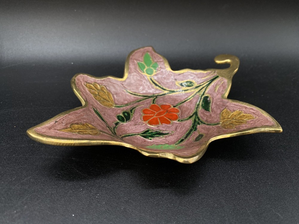 Enameled Brass 6” Maple Leaf Dish Tray Floral Design