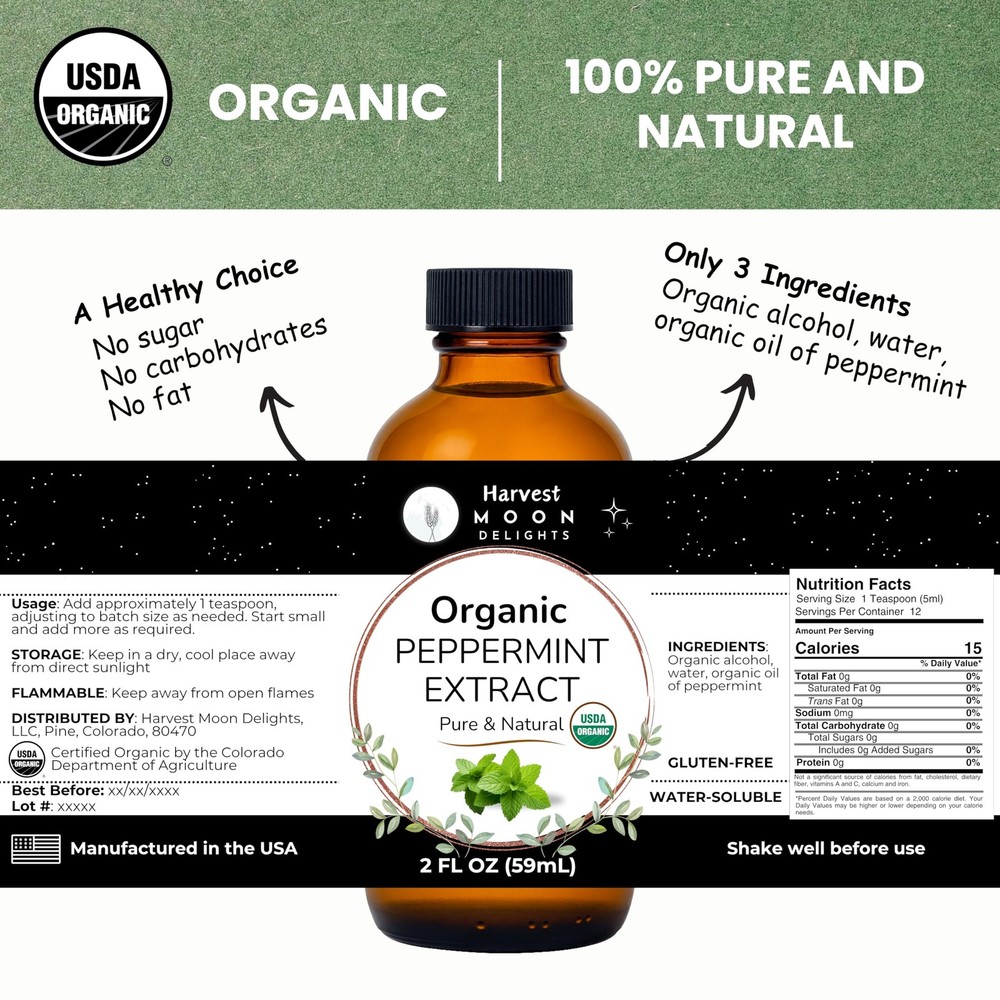 Organic Peppermint Extract for Baking, Ice Cream, Drinks, and 2 fluid ounces