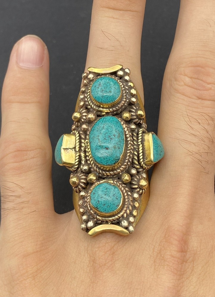Unique Long Turquoise Ring in brass