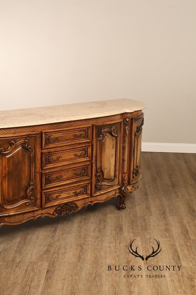 French Louis XV Style 106" Long Marble Top Walnut Sideboard