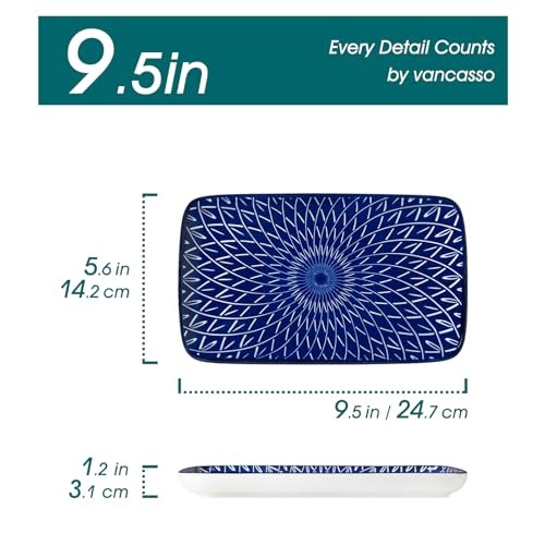 Selene Rectangular Dinner Plates Set of 6, Ceramic Salad Plates for 9.5 Inch