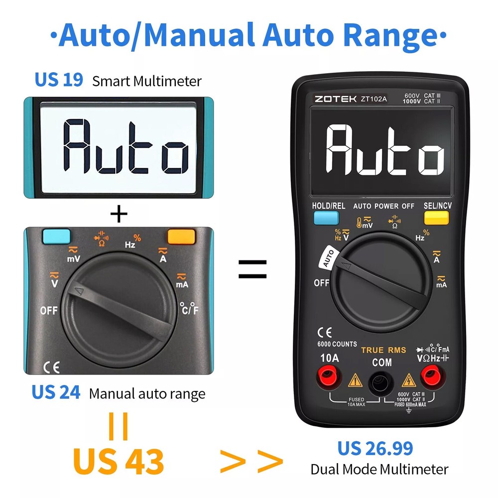 Auto Range TRMS 6000 Counts Voltmeter Ohm Meter Tester Digital Multimeter Tester