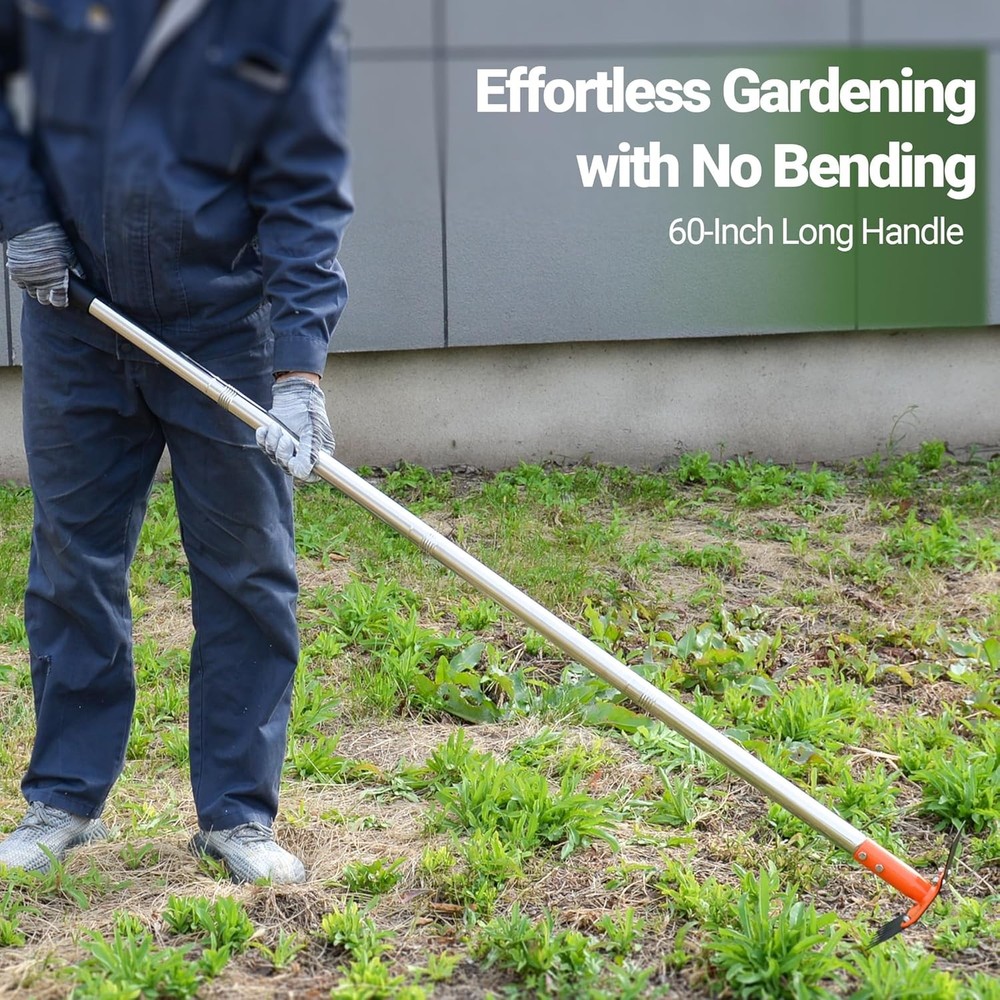 2-in-1 Garden Hoe & Weed Puller Rake 60 Inch Adjustable Long Handle Weeding Tool