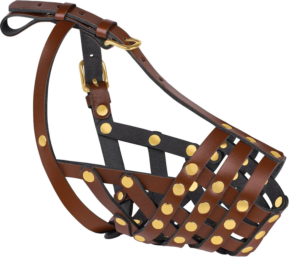 Pitbull Dog Muzzle for Large Dogs - Leather Breathable Secure Basket Muzzle for